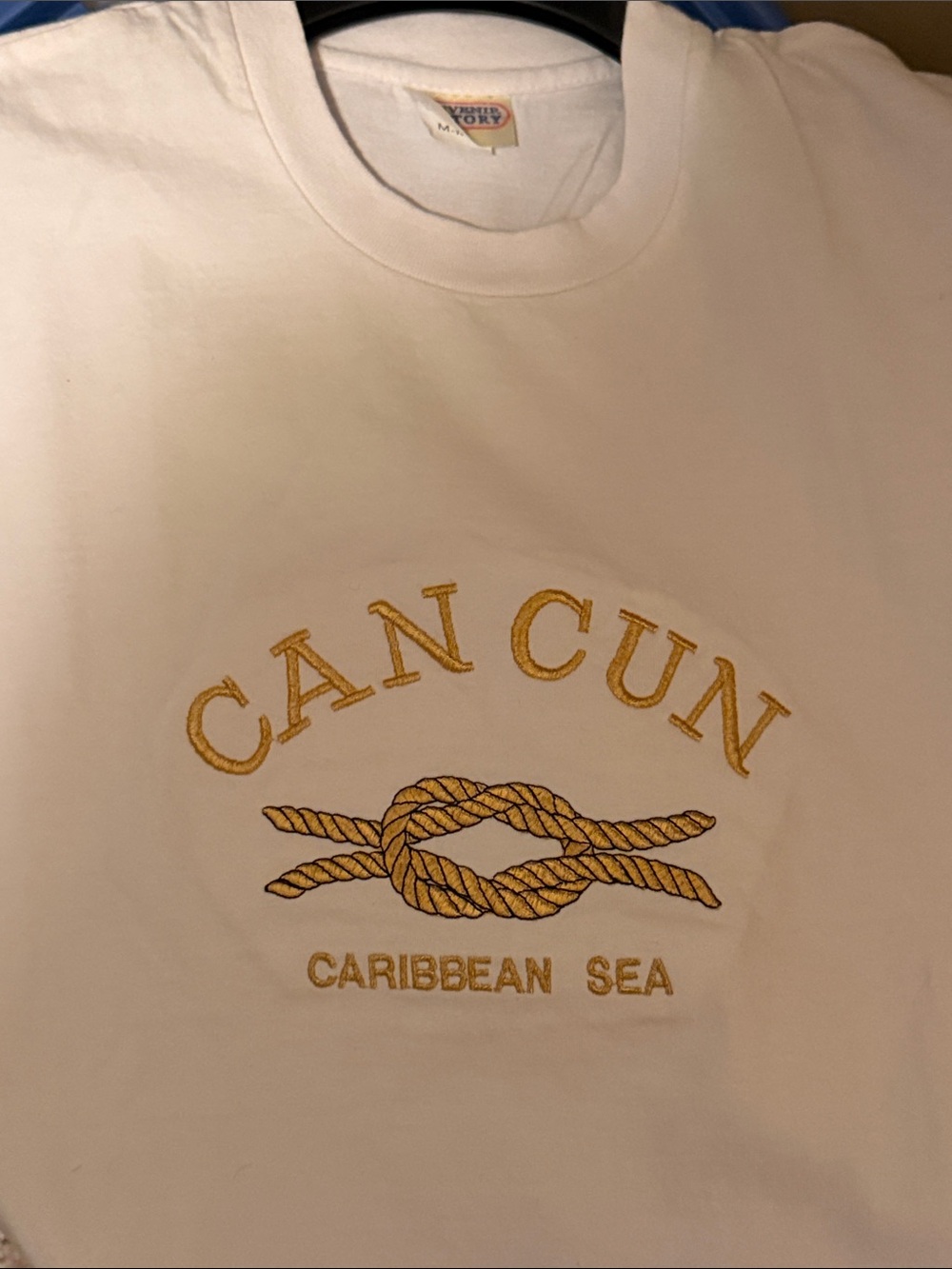 White Cancun 'Caribbean Sea' Embroidered Crew Neck Shirt; Adult Medium